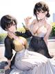 A couple of anime girls sitting next to each other.
