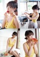 A woman in a yellow tank top eating a piece of pizza.